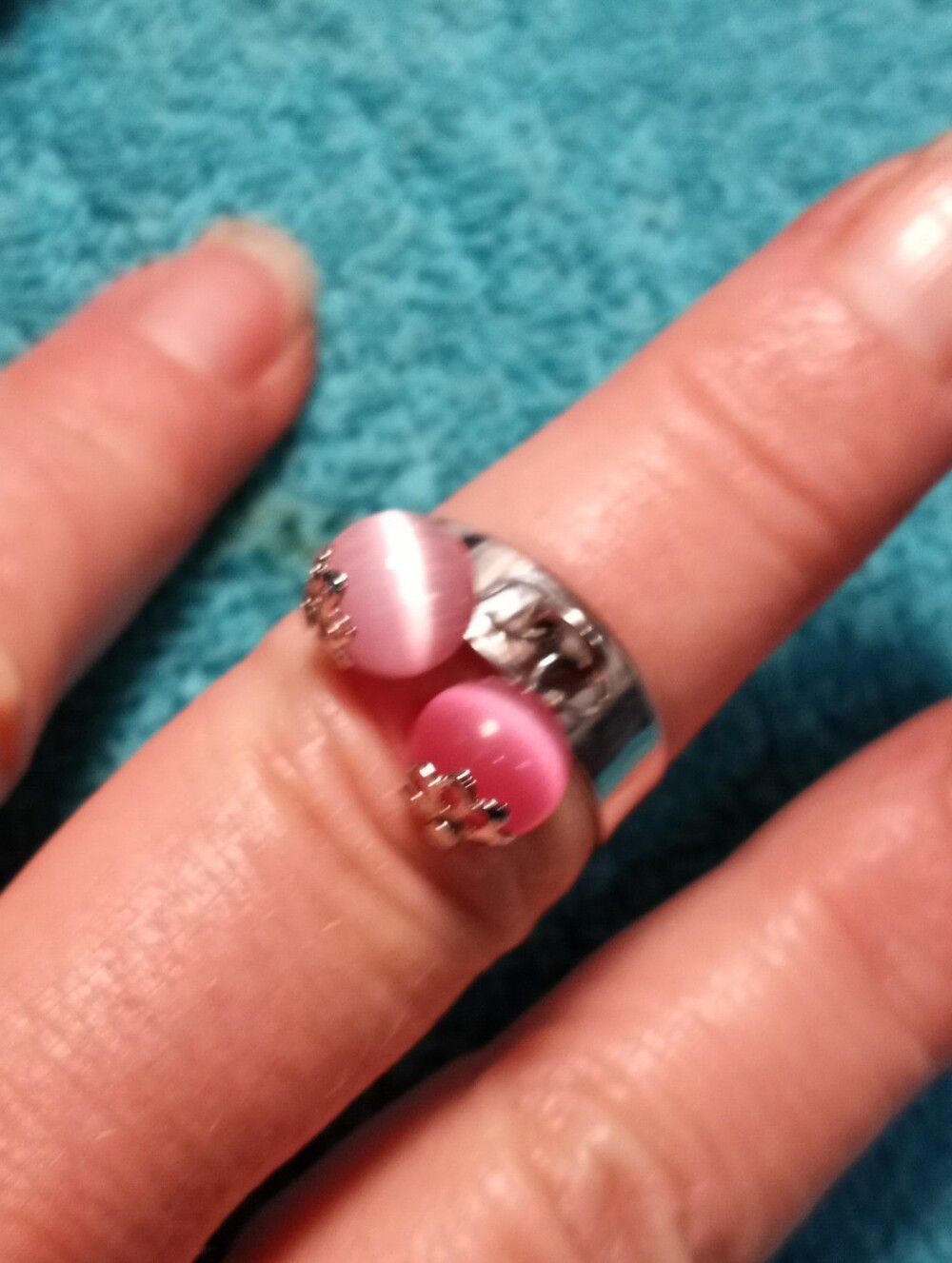 Pink Cat's Eye Adjustable Silver Ring